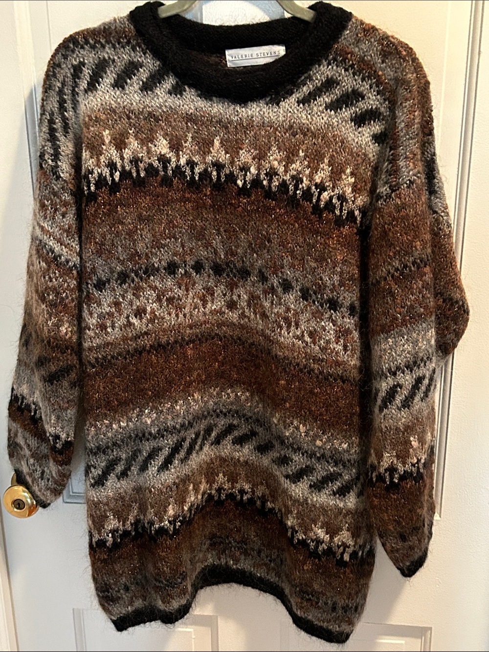 Valerie Stevens Brown, Black, Brown Fair Isle Crewneck Sweater